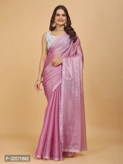 Stylish Pink Organza Embellished Saree with Blouse piece For Women-thumb0