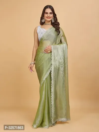 Stylish Green Organza Embellished Saree with Blouse piece For Women-thumb0