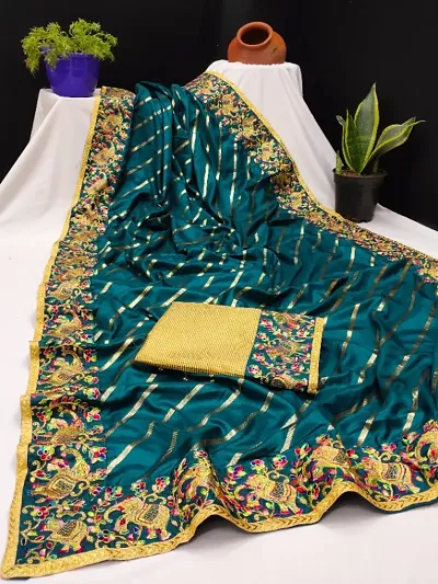 Dola Silk Foil Print Haathi Embroidered Lace Border Sarees with Blouse Piece