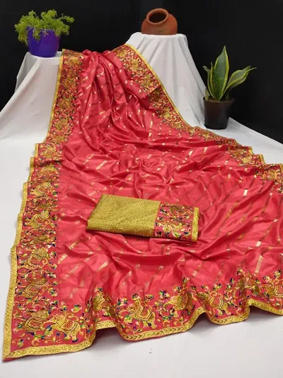 Dola Silk Foil Print Haathi Embroidered Lace Border Sarees with Blouse Piece