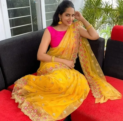 Yellow Net Embroidered Cut Piping Border Sarees with Dupion Silk Blouse Piece