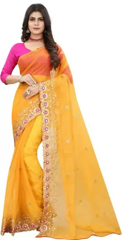 Net Embroidered Cut Piping Border Sarees with Dupion Silk Blouse Piece