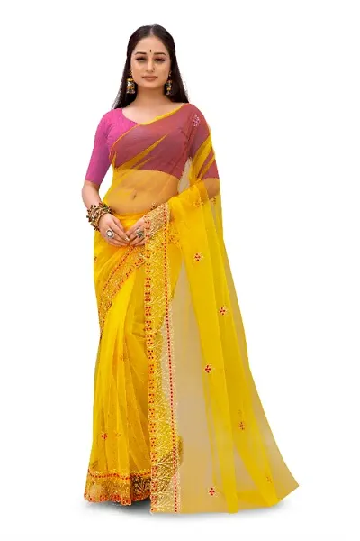 Partywear Net Embroidered Saree with Solid Dupion Silk Blouse Piece