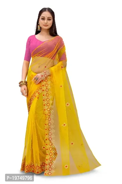 Partywear Yellow Net Embroidered Saree with Pink Solid Dupion Silk Blouse Piece-thumb0