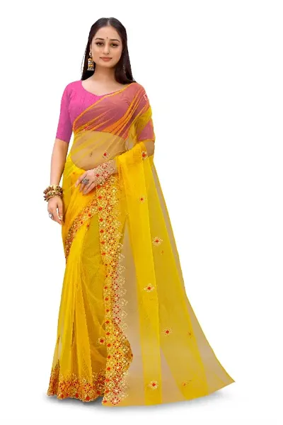 Partywear Yellow Net Embroidered Sarees with Pink Solid Dupion Silk Blouse Piece