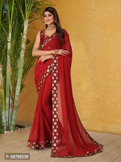 Georgette Embroidered Lace Border Sarees with Dupion Silk Embroidered Blouse Piece
