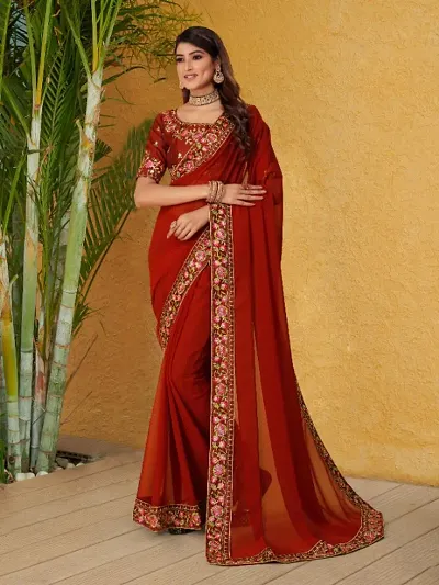 Georgette Embroidered Lace Border Sarees with Dupion Silk Embroidered Blouse Piece