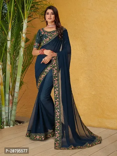 Georgette Embroidered Lace Border Sarees with Dupion Silk Embroidered Blouse Piece