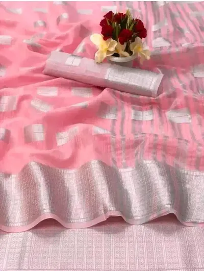 Linen Blend Silver Zari Box Design Sarees With Blouse Piece