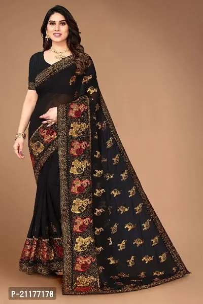 Georgette Haathi Embroidered Lace Border Saree with Blouse Piece