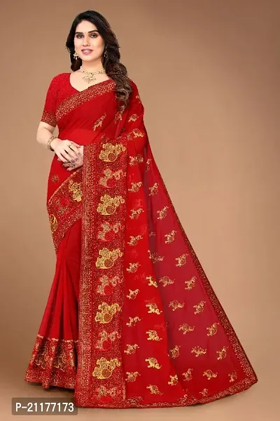 Georgette Haathi Embroidered Lace Border Saree with Blouse Piece-thumb0