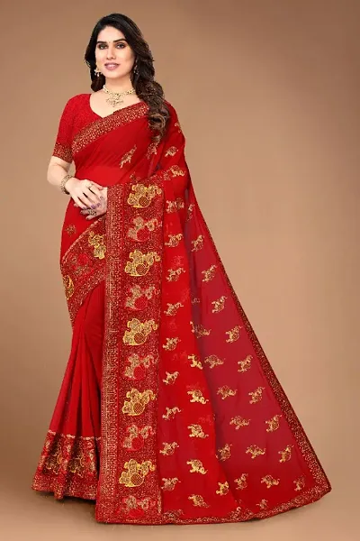 Georgette Haathi Embroidered Lace Border Sarees with Blouse Piece