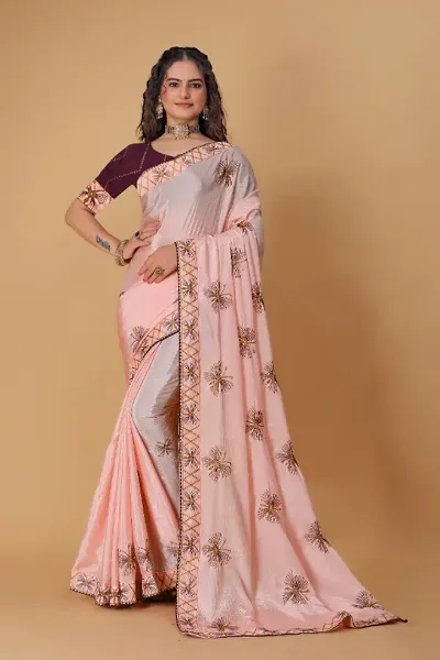 Chinon Silk Embroidered Lace Border Sarees with Blouse Piece