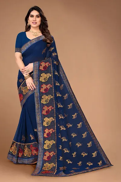 Georgette Haathi Embroidered Lace Border Sarees with Blouse Piece