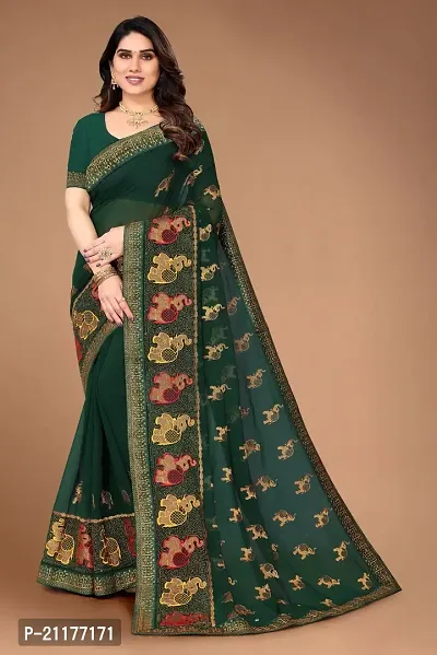 Georgette Haathi Embroidered Lace Border Saree with Blouse Piece