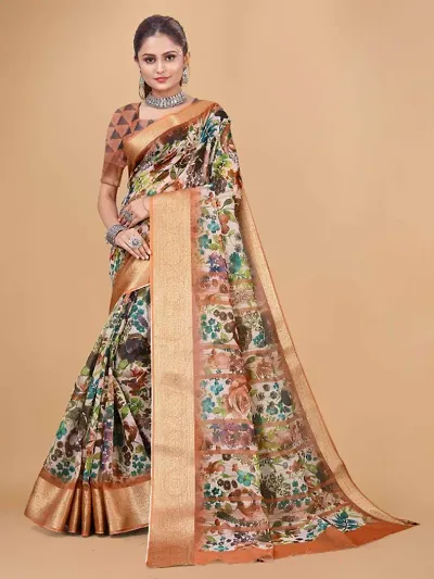 Cotton Floral Printed Jacquard Border Sarees with Blouse Piece