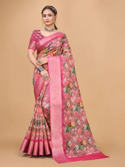 Cotton Floral Printed Jacquard Border Sarees with Blouse Piece