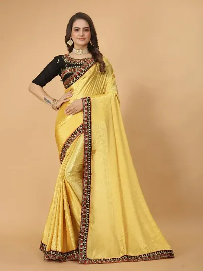 Chinon Silk Embroidered Lace Border Sarees with Embroidered Blouse Piece