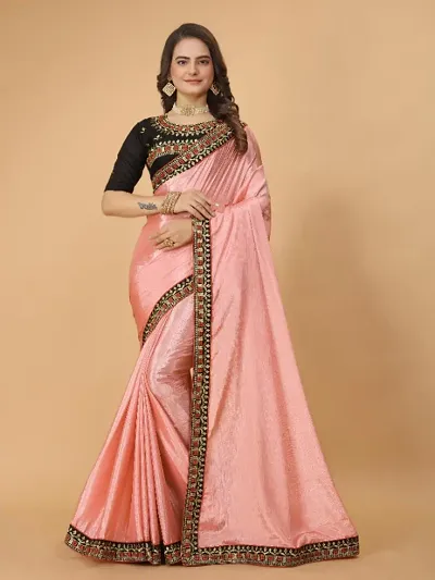 Chinon Silk Embroidered Lace Border Sarees with Embroidered Blouse Piece