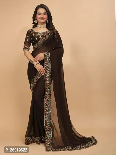 Georgette Embroidered Lace Border Sarees with Dupion Silk Embroidered Blouse Piece