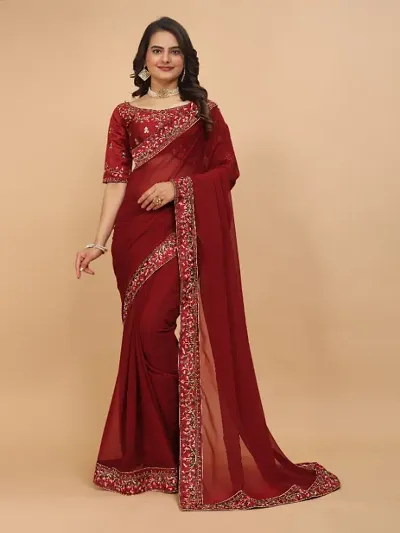 Georgette Embroidered Lace Border Sarees with Dupion Silk Embroidered Blouse Piece