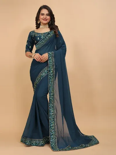 Georgette Embroidered Lace Border Sarees with Dupion Silk Embroidered Blouse Piece