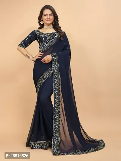 Georgette Embroidered Lace Border Sarees with Dupion Silk Embroidered Blouse Piece