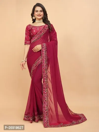 Georgette Embroidered Lace Border Sarees with Dupion Silk Embroidered Blouse Piece-thumb0