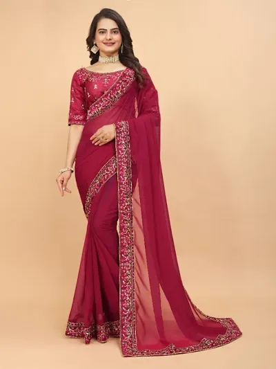 Georgette Embroidered Lace Border Sarees with Dupion Silk Embroidered Blouse Piece