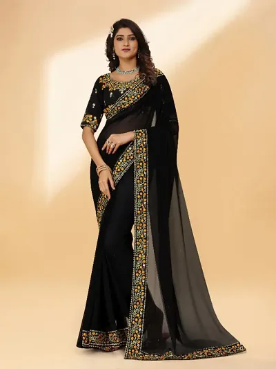 Designer Georgette Embroidered Lace Border Saree with Embroidered Blouse Piece