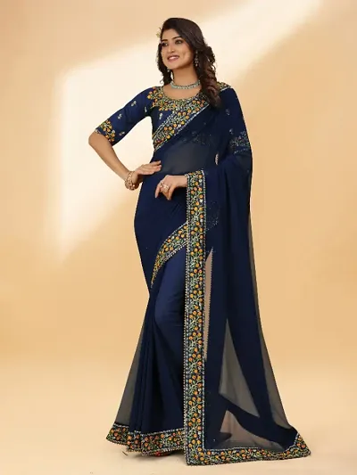 Georgette Embroidered Lace Border Sarees with Dupion Silk Embroidered Blouse Piece