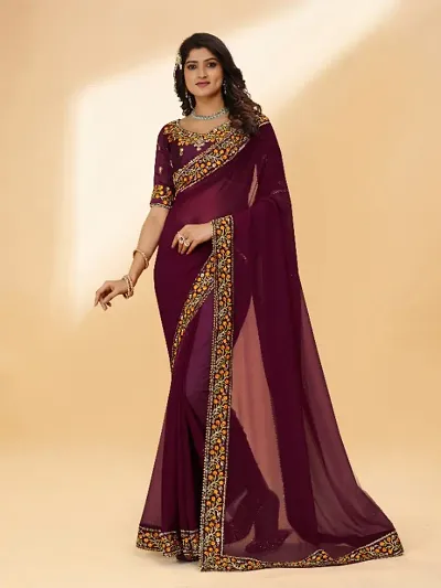 Designer Georgette Embroidered Lace Border Saree with Embroidered Blouse Piece