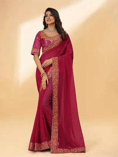 Designer Georgette Embroidered Lace Border Sarees with Embroidered Blouse Piece