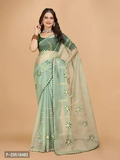 Organza Embroidered Lace Border Sarees with Blouse Piece-thumb0