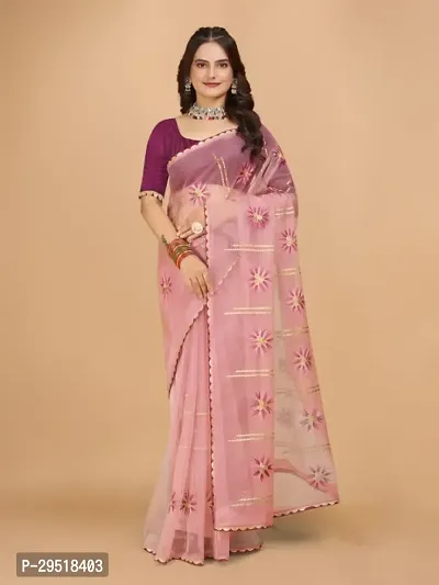 Organza Embroidered Lace Border Sarees with Blouse Piece-thumb0