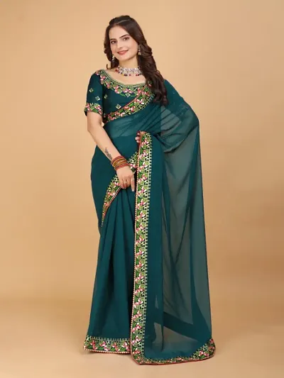 Georgette Embroidered Lace Border Sarees with Dupion Silk Embroidered Blouse Piece