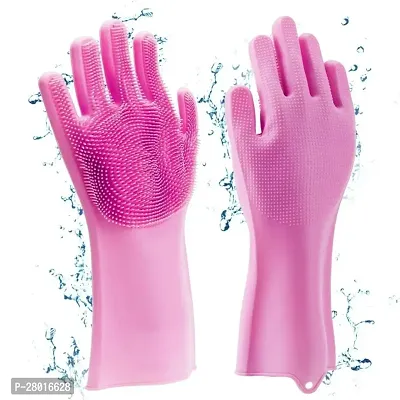 siliocon hand gloves for kitchen bathroom cleaning (1 pair) multicolour-thumb0