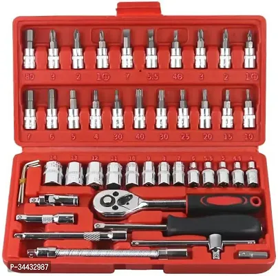 46-Piece 1/4-Inch Socket Set with Quick-Release Ratchet, Screwdriver Kit, Extension for Manual Use on AutomobilesTrucks with Storage Case-thumb0