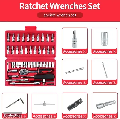 46 Pieces Mechanic Tool Kit 1/4rdquo; Ratchet Socket Wrench Set with Storage Case, Includes Bit Sockets and Extension Bar-thumb4