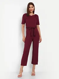 Classy Fashion Women's Crew Neck Short Puff Sleeves Solid Pleated Regular Jumpsuit With Tie Waist Belt-thumb3