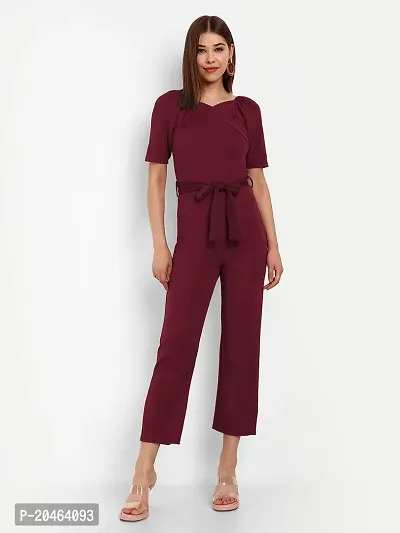 Classy Fashion Women's Crew Neck Short Puff Sleeves Solid Pleated Regular Jumpsuit With Tie Waist Belt-thumb4