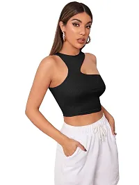 Classy Fashion Women's Solid Ribbed Cotton Round Neck Crop Top | Stretchy, Soft  Breathable Cut Out Tank Top for Girls (Black, S)-thumb2