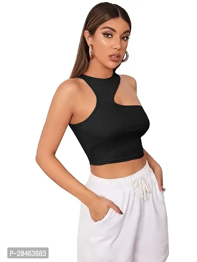 Classy Fashion Women's Solid Ribbed Cotton Round Neck Crop Top | Stretchy, Soft  Breathable Cut Out Tank Top for Girls (Black, S)-thumb3