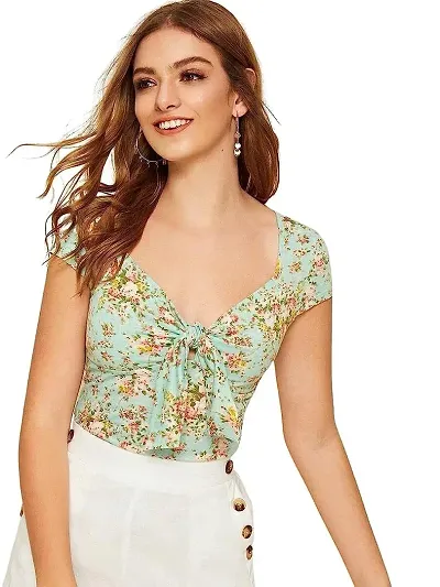 Classy Fashion Floral Print Sweetheart Neck Tie Front Top (Medium) Mint Green