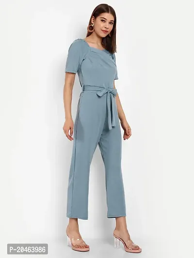 Classy Fashion Women's Crew Neck Short Puff Sleeves Solid Pleated Regular Jumpsuit With Tie Waist Belt-thumb2