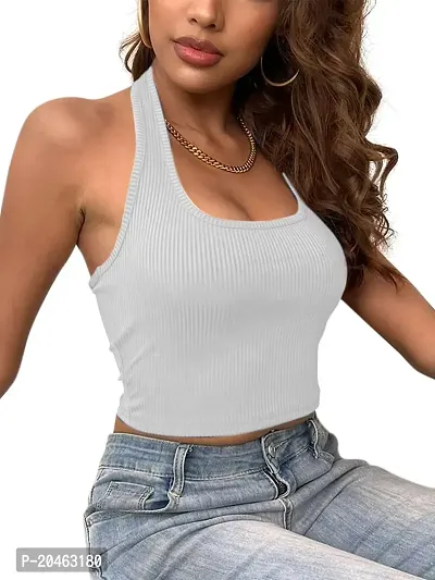 Classy Fashion Backless Ribbed Knit Halter Girl's and Women Top (Large, White)-thumb3