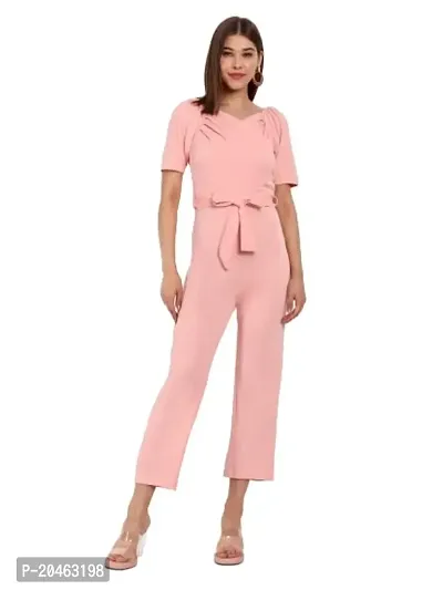 Classy Fashion Women's Crew Neck Short Puff Sleeves Solid Pleated Regular Jumpsuit With Tie Waist Belt-thumb0
