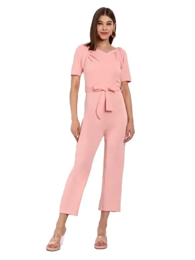 Classy Fashion Women's Crew Neck Short Puff Sleeves Solid Pleated Regular Jumpsuit With Tie Waist Belt