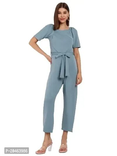 Classy Fashion Women's Crew Neck Short Puff Sleeves Solid Pleated Regular Jumpsuit With Tie Waist Belt-thumb0