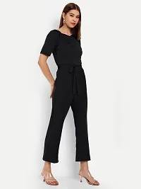 Classy Fashion Women's Crew Neck Short Puff Sleeves Solid Pleated Regular Jumpsuit With Tie Waist Belt-thumb1